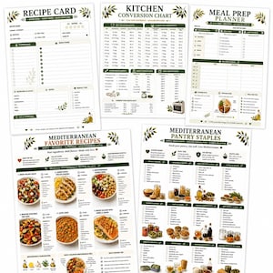 Pacote de Receitas e Preparação de Refeições da Dieta Mediterrânea, Planejador de Refeições, Ficha de Receitas, Lista de Ingredientes Básicos da Despensa, Tabela de Conversão de Medidas para Cozinha (PDF)