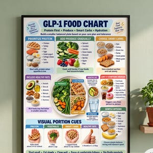 May include: A framed educational poster titled GLP-1 FOOD CHART, featuring colourful illustrations and text guides for balanced nutrition. It includes sections on protein, produce, smart carbs, healthy fats, and visual portion cues using hand measurements.