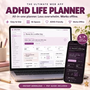 Könnte beinhalten: Eine digitale ADHD-Lebensplaner-Webanwendung auf einem Laptop-Bildschirm und einem Smartphone. Die Benutzeroberfläche zeigt ein Dashboard mit Aufgabenverfolgung, Gewohnheitsüberwachung und Energielevel. Text: "ADHD LIFE PLANNER".
