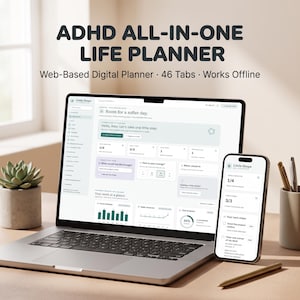 Op de afbeelding: Een digitale ADHD all-in-one levensplanner weergegeven op een laptop- en smartphonescherm. De interface bevat 46 tabbladen, takenlijsten, gewoonte-trackers en voortgangsgrafieken. De tekst luidt ADHD ALL-IN-ONE LIFE PLANNER, Web-Based Digital Planner, 46 Tabs, Works Offline en Little Steps.