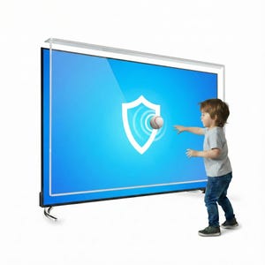 May include: A clear, rectangular television screen protector mounted over a flat-screen TV. The screen displays a blue background with a white shield icon and a baseball graphic. The protector features a top-mounted frame for secure attachment.