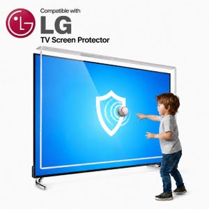 May include: A clear, rectangular TV screen protector compatible with LG televisions. The protector is positioned over a television screen displaying a blue background with a white shield icon and a baseball. The text reads Compatible with LG TV Screen Protector.
