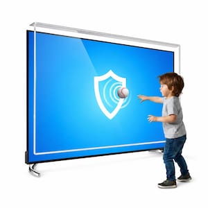 May include: A clear, rectangular television screen protector mounted over a flat-screen TV. The screen displays a bright blue background with a white shield icon and a baseball graphic. The protector features a top-mounted frame and curved feet.