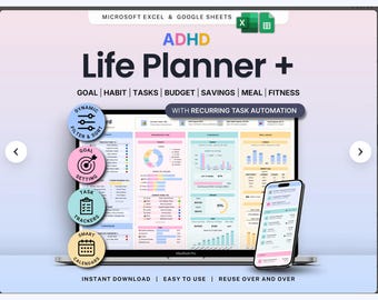ADHD Life Planner Spreadsheet Excel Google Sheets Task Budget Habit Template