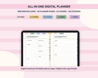 All-in-One Digital Planner 2026-2028, Printable Planner Pages, Digital Journal, Covers and Stickers
