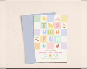 Two Much Fun Birthday Invitation Template, Editable 2nd Birthday Invite, Pastel Printable Party Invite