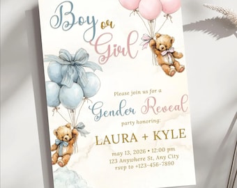 Bear Gender Reveal Invitation Template, Boy or Girl Baby Shower Invite, Pink Blue Editable Digital Download