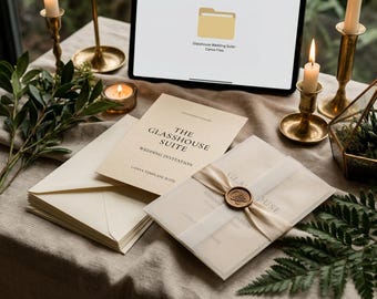 Glasshouse Wedding Invitation Canva Template Suite, Editable RSVP Details Card, Menu, Table Number, Botanical Garden Wedding