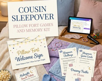 Cousin Sleepover Printable Kit, Pillow Fort Games, Midnight Snack Tickets, Memory Cards, Pajama Party