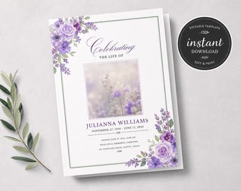 Editable Funeral Program Template, Purple Floral Celebration of Life Program, Memorial Service Obituary, Instant Download