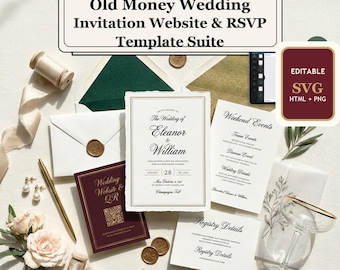 Old Money Wedding Invitation Template Suite, Editable RSVP Website QR Card, Registry Details, Luxury DIY Wedding Stationery