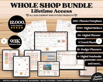 Whole Shop Digital Planner Bundle, Undated Life Budget Travel Planner, GoodNotes Stickers Templates