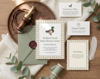 Mallard Duck Baby Shower Invitation Set, Gingham Printable Games, Canva Style Digital Download