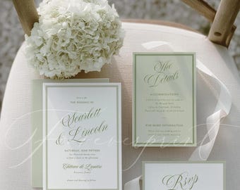 Editable Sage Green Wedding Invitation Template, Minimalist Wedding Invite, RSVP Details Cards