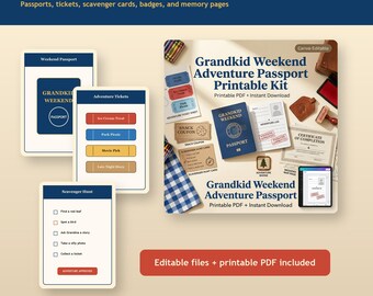 Grandkid Weekend Adventure Passport Printable Kit, Kids Activity Tickets, Scavenger Hunt, Snack Coupons, Badges, Memory Log