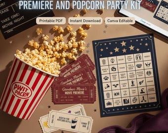 Grandkids Movie Night Printable Kit, Premiere Tickets, Movie Bingo Cards, Popcorn Coupons, Snack Passes
