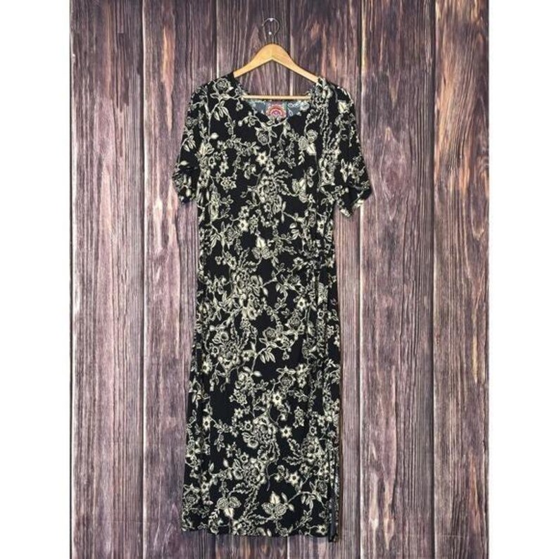 Johnny Was Womens XXL Black Cream Floral Maxi Dress Short Sleeve Tie Side Boho image 3