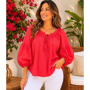 Tommy Bahama Peasant Blouse Womens M Coral Red Cotton Silk Balloon Sleeve Top image 1