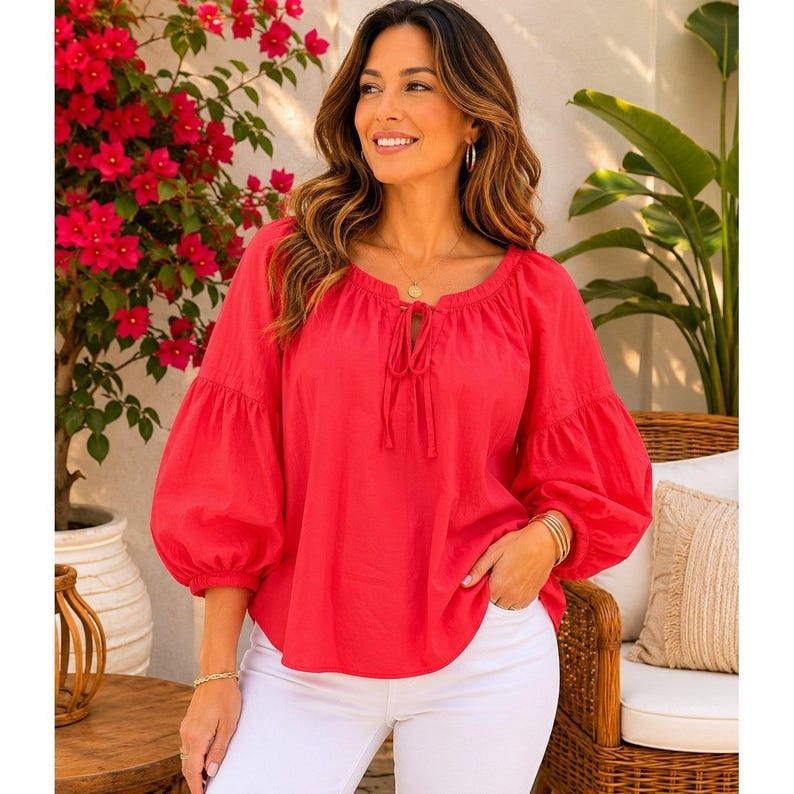 Tommy Bahama Peasant Blouse Womens M Coral Red Cotton Silk Balloon Sleeve Top image 1