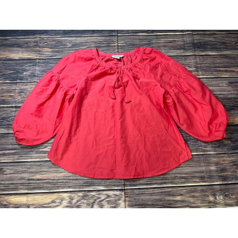 Tommy Bahama Peasant Blouse Womens M Coral Red Cotton Silk Balloon Sleeve Top image 2
