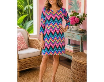 Lilly Pulitzer Gretchen Dress Womens M Multicolor Chevron Shift Resort 3/4