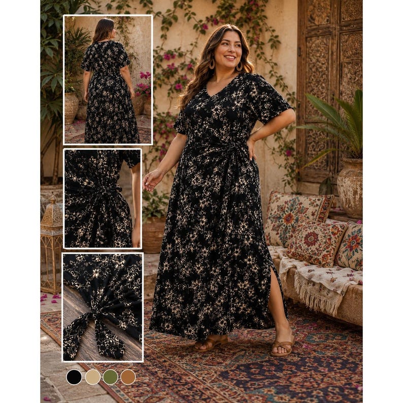 Johnny Was Womens XXL Black Cream Floral Maxi Dress Short Sleeve Tie Side Boho image 2