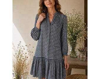 Maeve Anthropologie Midi Dress Womens L Black White Houndstooth Tiered Classic