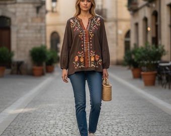 Johnny Was Rosalva Blouse Womens XS Brown Silk Embroidered Peasant Top