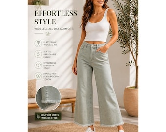 Jeansy damskie Risen Jeans 15/32, szałwiowo-zielone, z wysokim stanem i szerokimi nogawkami, z surowym brzegiem, skrócone