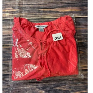 Tommy Bahama Peasant Blouse Womens M Coral Red Cotton Silk Balloon Sleeve Top image 13