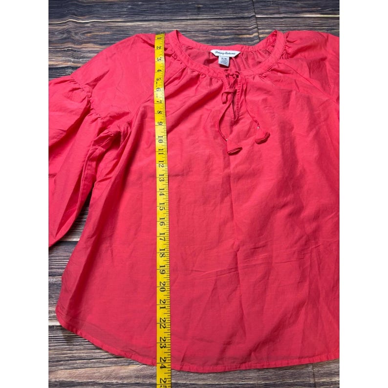 Tommy Bahama Peasant Blouse Womens M Coral Red Cotton Silk Balloon Sleeve Top image 4