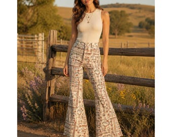 Shyanne Women Floral Patchwork Flare Jeans Boho Western Bell Bottom Size 30