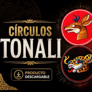 May include: A digital graphic featuring the text CÍRCULOS TONALI and PRODUCTO DESCARGABLE. Four circular icons are displayed, each containing a stylized animal head illustration: a deer on red, a blue bird-like creature on white, a jaguar on black, and a rabbit on blue.