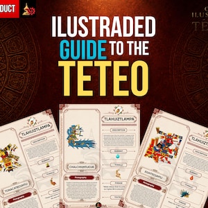 Puede incluir: Un producto digital que presenta una guía ilustrada del Teteo con tres páginas mostradas. Cada página contiene texto, una colorida ilustración de una deidad y secciones etiquetadas como Description, Element, Tonalli y Phrase en un diseño beige.