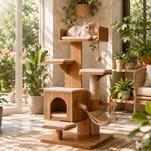 May include: A multi-level wooden cat tree featuring a central cubby with an arched entrance, several carpeted platforms, a sisal-wrapped scratching post, a hanging fabric hammock, and a dangling toy, with a light-colored cat resting on top.
