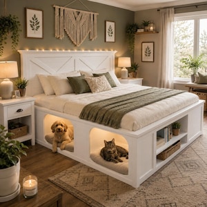 Peut inclure: Un cadre de lit en bois blanc doté d'une tête de lit à croisillons, d'étagères de rangement intégrées et de deux niches éclairées sous le matelas. Un chien doré et un chat tigré se reposent sur des coussins à l'intérieur des compartiments.