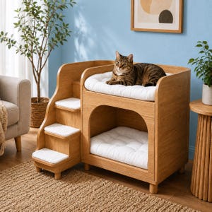 May include: A light brown wooden pet bunk bed featuring a three-step staircase on the left side, each step topped with a white cushion. The structure includes an arched lower sleeping area and an upper platform, both fitted with white cushions.