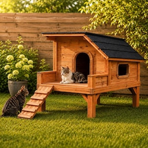 Könnte beinhalten: Ein Katzenhaus aus Holz mit einer erhöhten Plattform, einer kleinen Treppe und einem schwarzen Schindeldach. Eine getigerte Katze sitzt auf der erhöhten Veranda, während eine weitere getigerte Katze auf dem Gras sitzt. Es hat einen Torbogen.