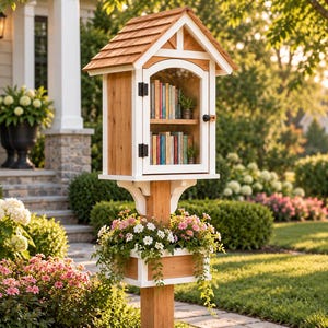 Puede incluir: Una caja de intercambio de libros de madera para exteriores con techo a dos aguas de tejas, puerta de cristal con pomo negro y dos estantes interiores llenos de libros. Una jardinera rectangular con flores rosas y blancas está unida al poste.