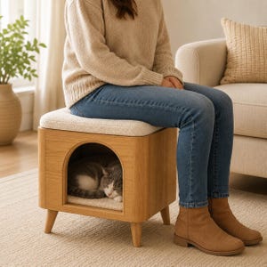 Può includere: Uno sgabello cuccia per animali in legno chiaro con struttura quadrata, quattro gambe affusolate e un'apertura frontale ad arco. La parte superiore presenta una seduta imbottita in tessuto color crema, mentre l'interno contiene un cuscino con un gatto.