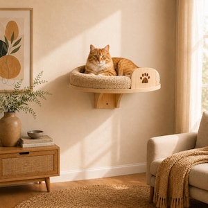 Può includere: Una mensola da parete per gatti con base in legno chiaro e un cuscino circolare in peluche beige testurizzato. La mensola include un piccolo pannello laterale in legno con un'impronta di zampa ritagliata. Un gatto tigrato arancione riposa sopra.