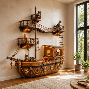 Puede incluir: Una gran estructura de madera para gatos con forma de barco, que cuenta con múltiples niveles, plataformas, un mástil con cofa, un puente de cuerda, una escalera y aberturas circulares. La unidad incluye iluminación integrada y campanas colgantes.