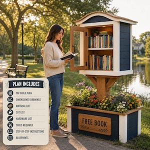 May include: A wooden outdoor book exchange box with a dark blue exterior, white trim, and a glass door. The structure features two shelves filled with books, a planter base with colorful flowers, and a sign that reads FREE BOOK in black text.
