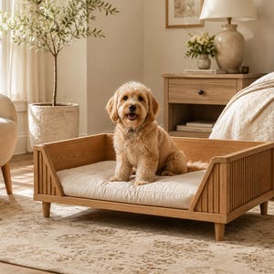May include: A light brown wooden pet bed with a slatted frame design and four short legs, featuring a thick, rectangular off-white cushion. A fluffy, light-coloured dog with curly fur is sitting upright in the centre of the bed.