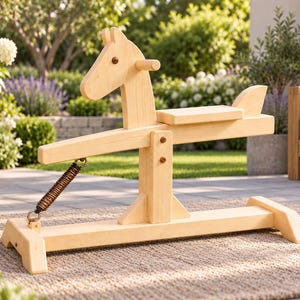 May include: A light-colored wooden rocking horse toy featuring a stylized head, a flat seat, and a metal spring mechanism attached to the base. The structure is supported by a horizontal wooden frame with angled feet and includes a small tail piece.