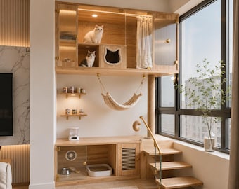 Puede incluir: Un mueble de madera para gatos de varios niveles que cuenta con un armario superior con puertas de cristal, una hamaca de tela colgante, un poste rascador de sisal, una zona inferior cerrada para la arena y escalones de madera.