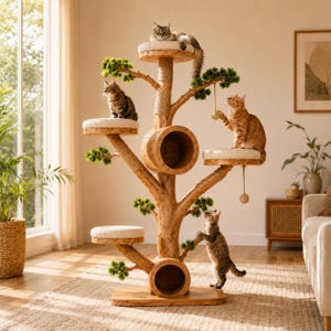 Puede incluir: Un árbol para gatos de varios niveles diseñado como un árbol con un tronco central, múltiples plataformas de madera con cojines blancos, dos túneles circulares, secciones de cuerda de sisal y ramas decorativas con follaje verde.
