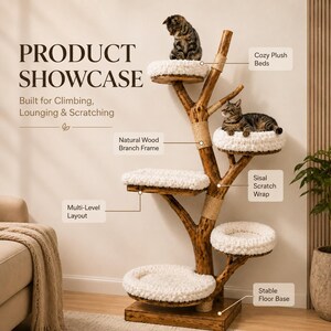 Rustic Branch Cat Tree Plans, 5-Level Natural Wood Tower Blueprint (Digital Woodworking Guide)