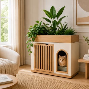 May include: A rectangular wooden cat litter box enclosure with a light wood top planter and a white base. The unit features a slatted door on the left and an arched opening on the right containing an orange cat. Several green plants grow from the top.