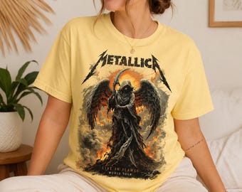 Metallica Shirt, Yellow Comfort Colors Tee, Live In Flames World Tour Graphic, Heavy Metal Band Tee, Angel Reaper Concert Gift For Fans